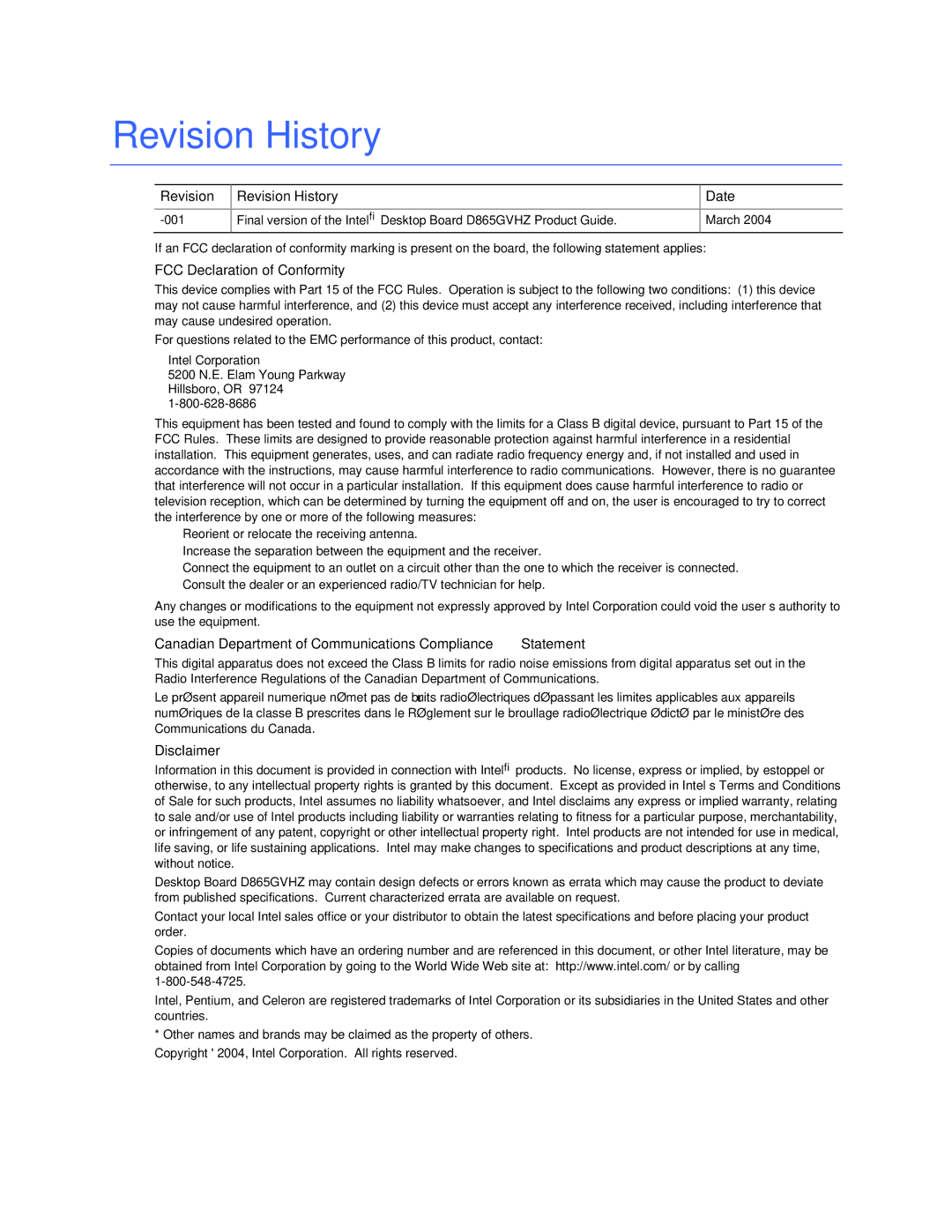 Intel D865GVHZ manual Revision Revision History Date, FCC Declaration of Conformity, Disclaimer 