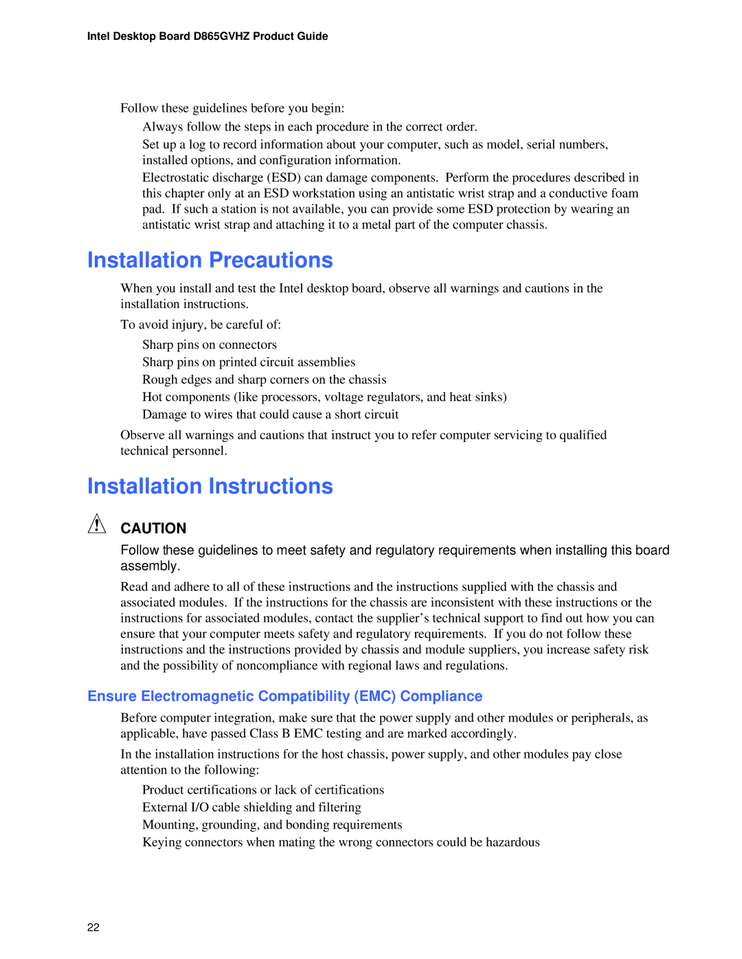 Intel D865GVHZ Installation Precautions, Installation Instructions, Ensure Electromagnetic Compatibility EMC Compliance 