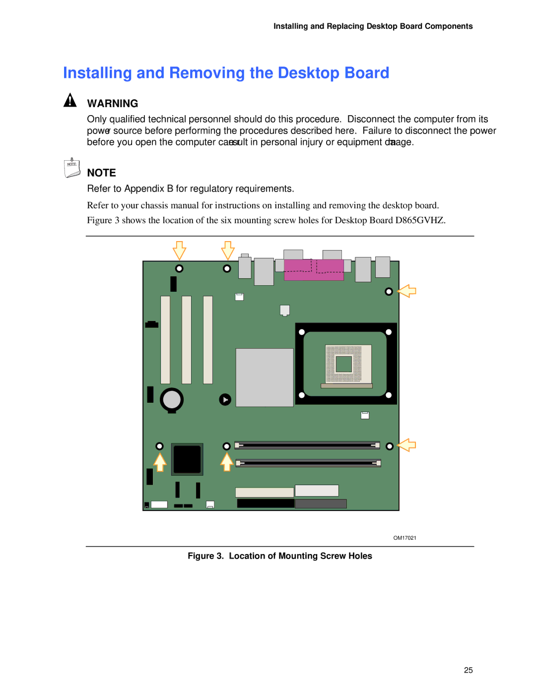 Intel D865GVHZ manual Installing and Removing the Desktop Board, Installing and Replacing Desktop Board Components 