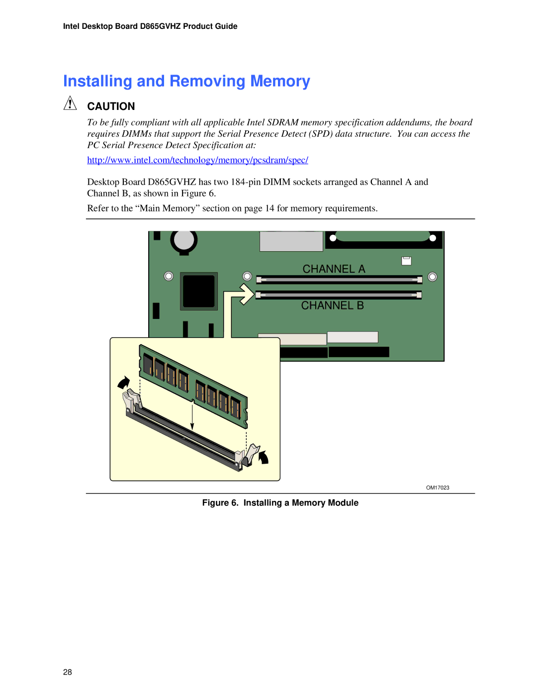 Intel D865GVHZ manual Installing and Removing Memory, Installing a Memory Module 