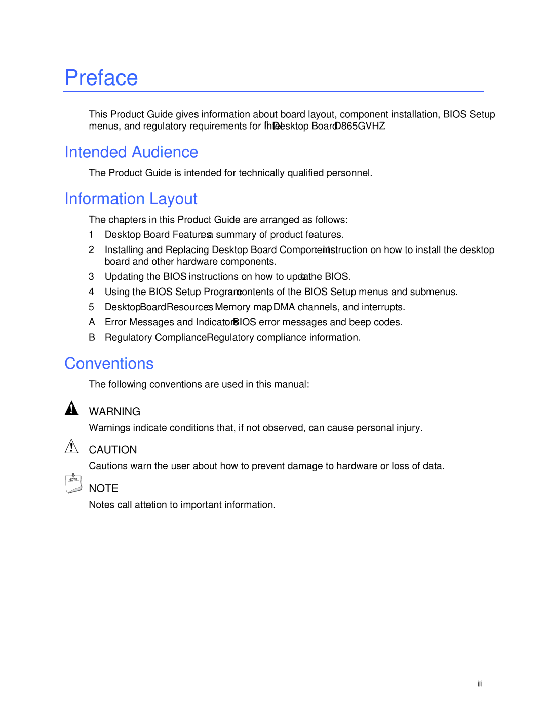 Intel D865GVHZ Preface, Intended Audience, Information Layout, Conventions, Following conventions are used in this manual 