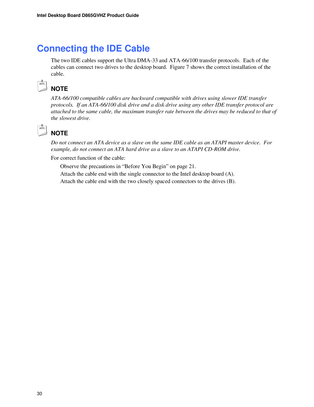 Intel D865GVHZ manual Connecting the IDE Cable 