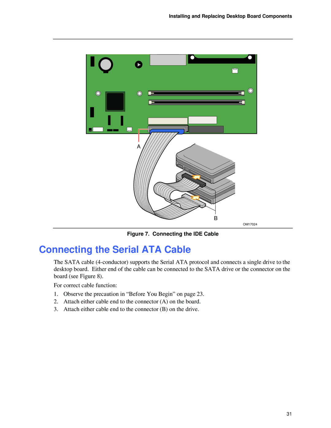 Intel D865GVHZ manual Connecting the Serial ATA Cable, Connecting the IDE Cable 