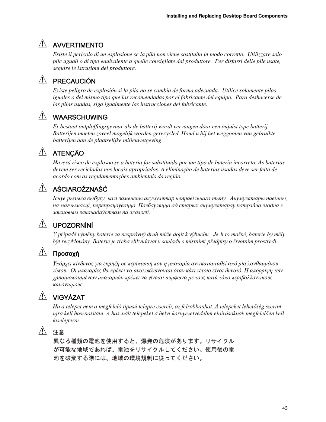 Intel D865GVHZ manual Avvertimento 