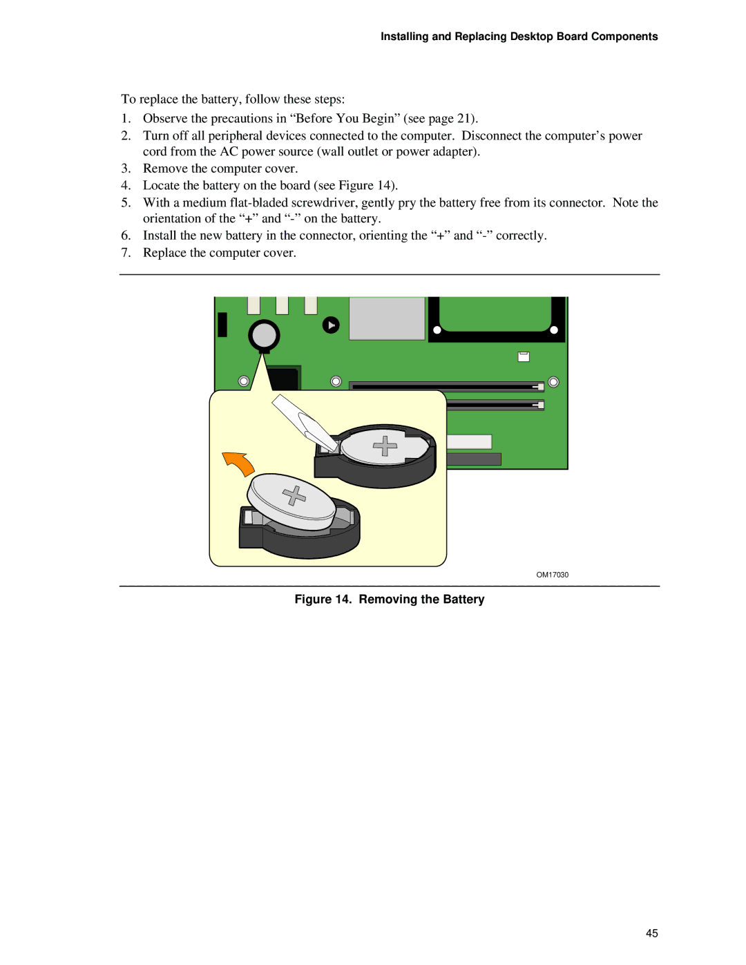 Intel D865GVHZ manual Removing the Battery 