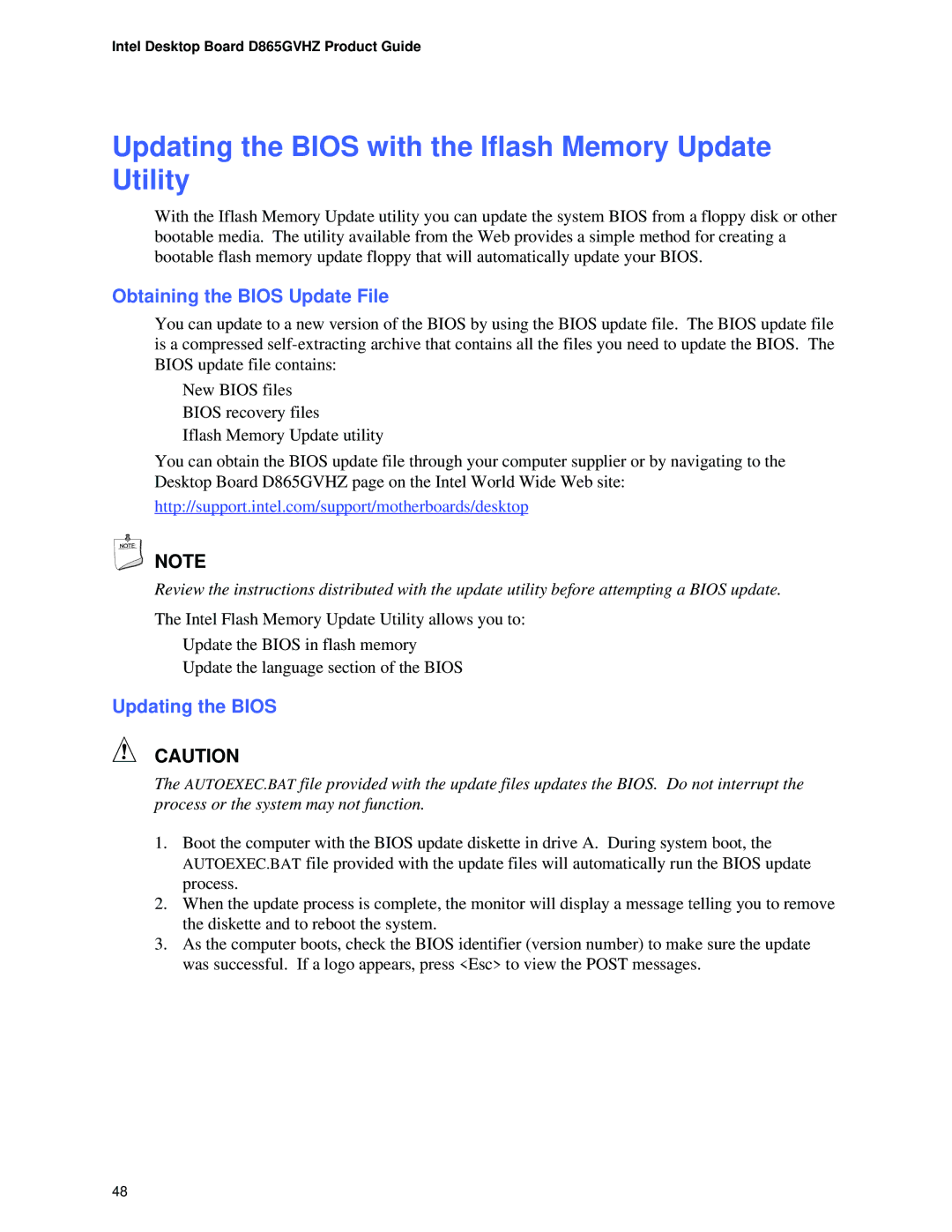 Intel D865GVHZ manual Updating the Bios with the Iflash Memory Update Utility, Obtaining the Bios Update File 