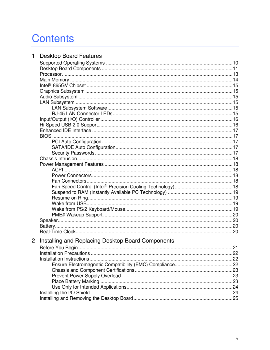 Intel D865GVHZ manual Contents 