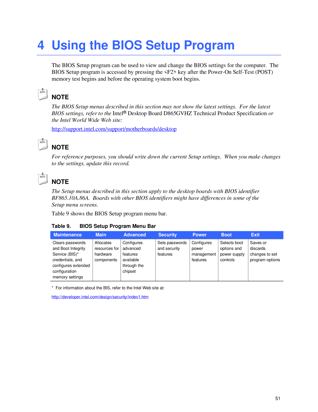 Intel D865GVHZ manual Using the Bios Setup Program, Shows the Bios Setup program menu bar, Bios Setup Program Menu Bar 