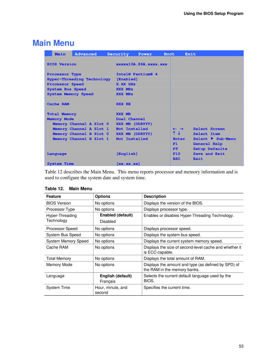 Intel D865GVHZ manual Main Menu, Using the Bios Setup Program, Enabled default, English default 