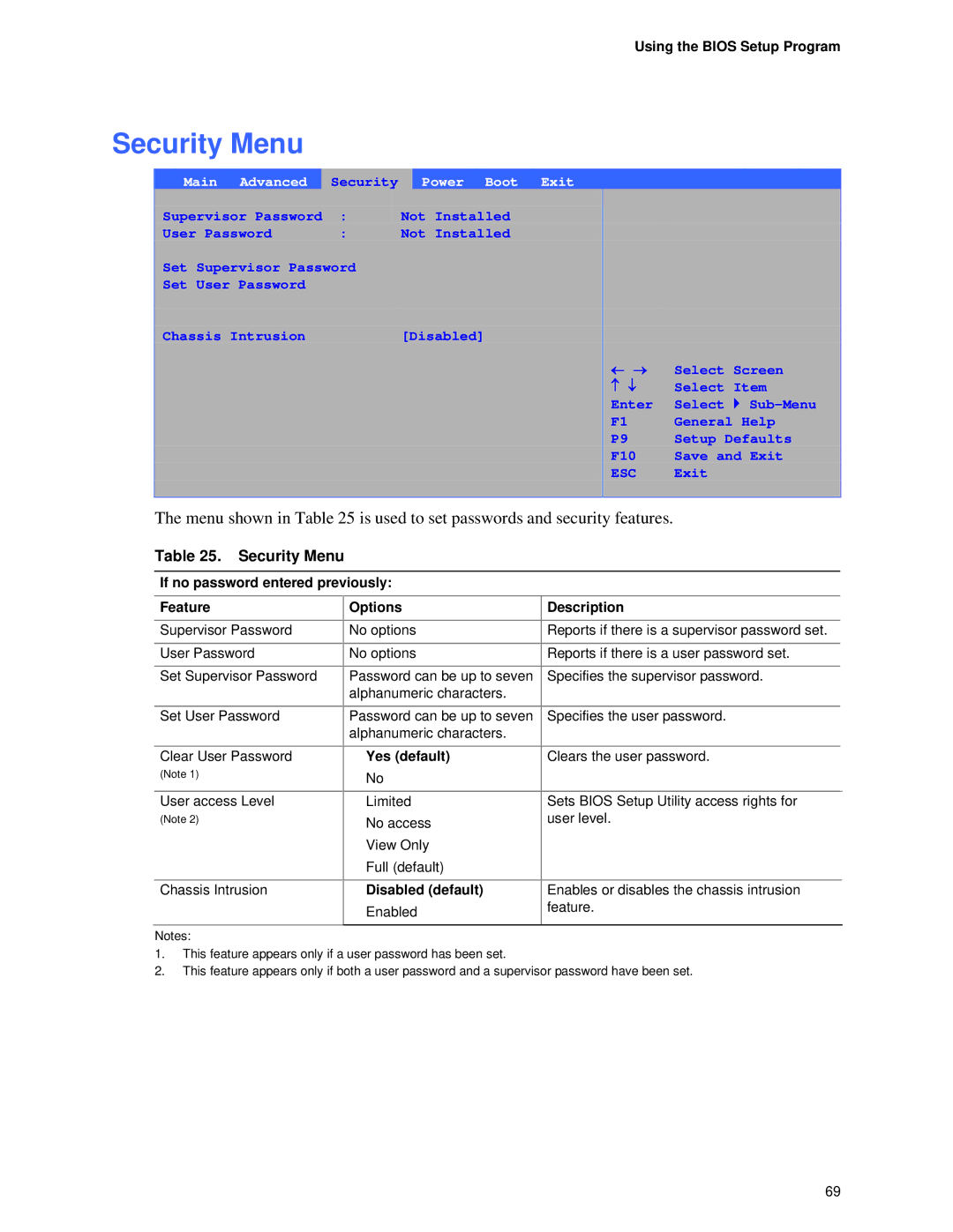 Intel D865GVHZ manual Security Menu, Main Advanced, Power Boot Exit, Yes default 