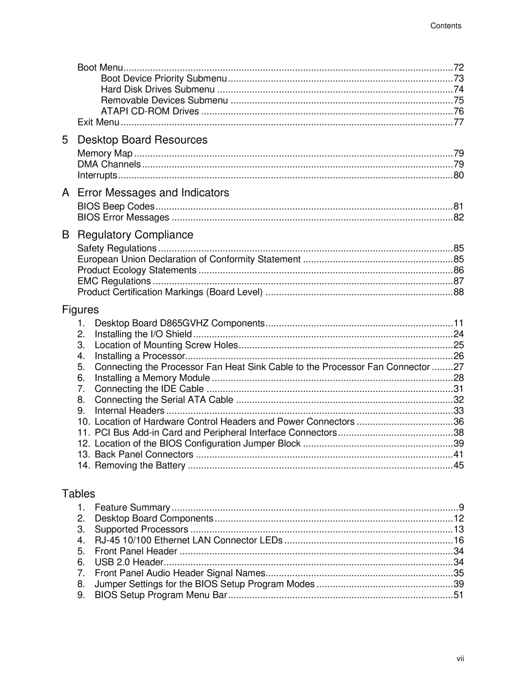 Intel D865GVHZ manual Regulatory Compliance, Contents 