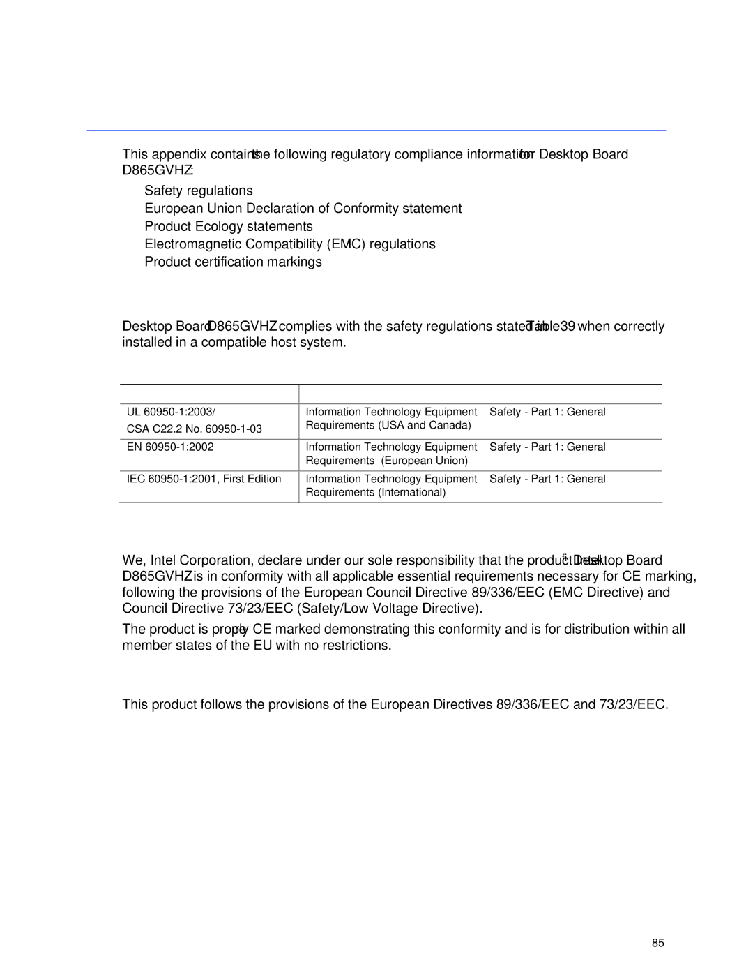 Intel D865GVHZ manual Regulatory Compliance, Safety Regulations, European Union Declaration of Conformity Statement 