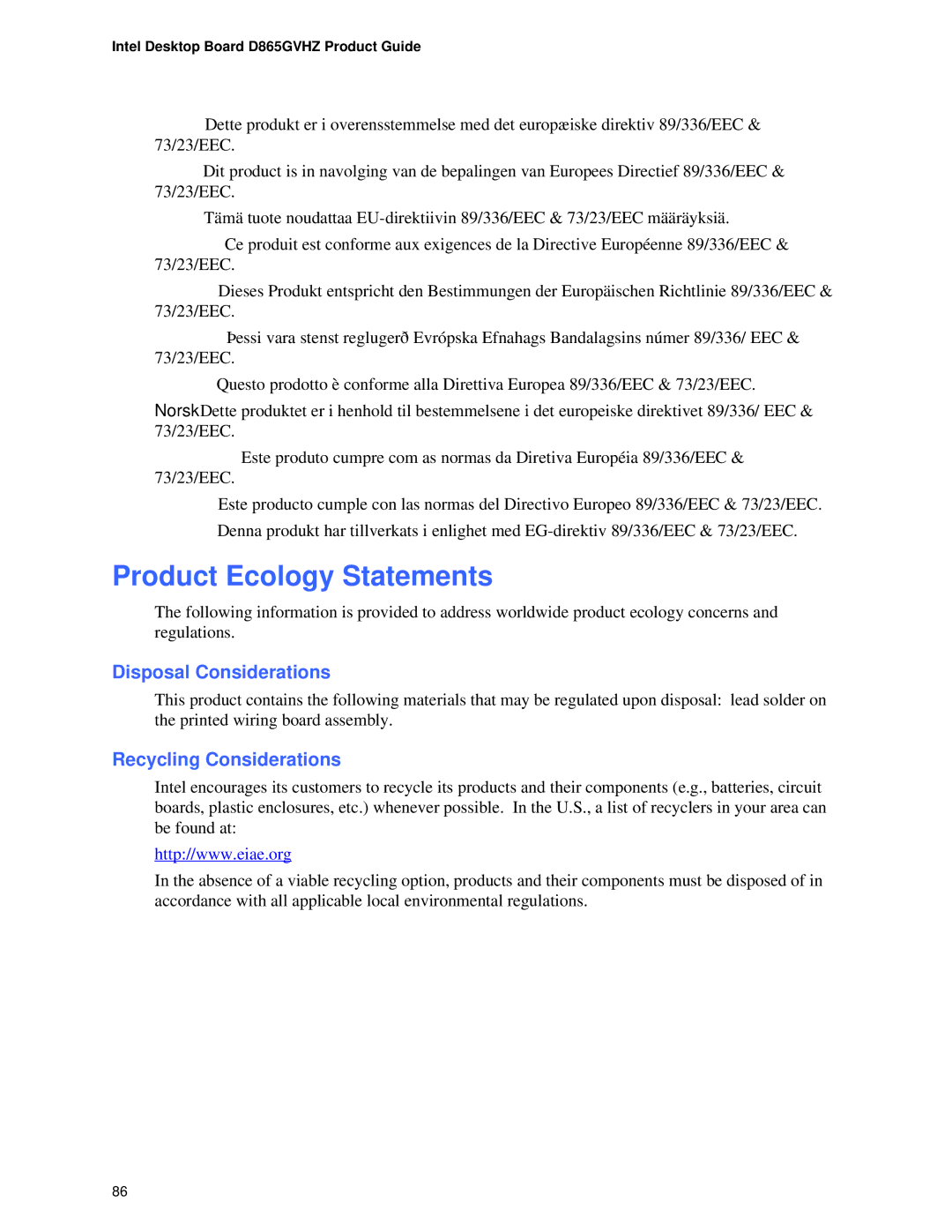 Intel D865GVHZ manual Product Ecology Statements, Disposal Considerations, Recycling Considerations 