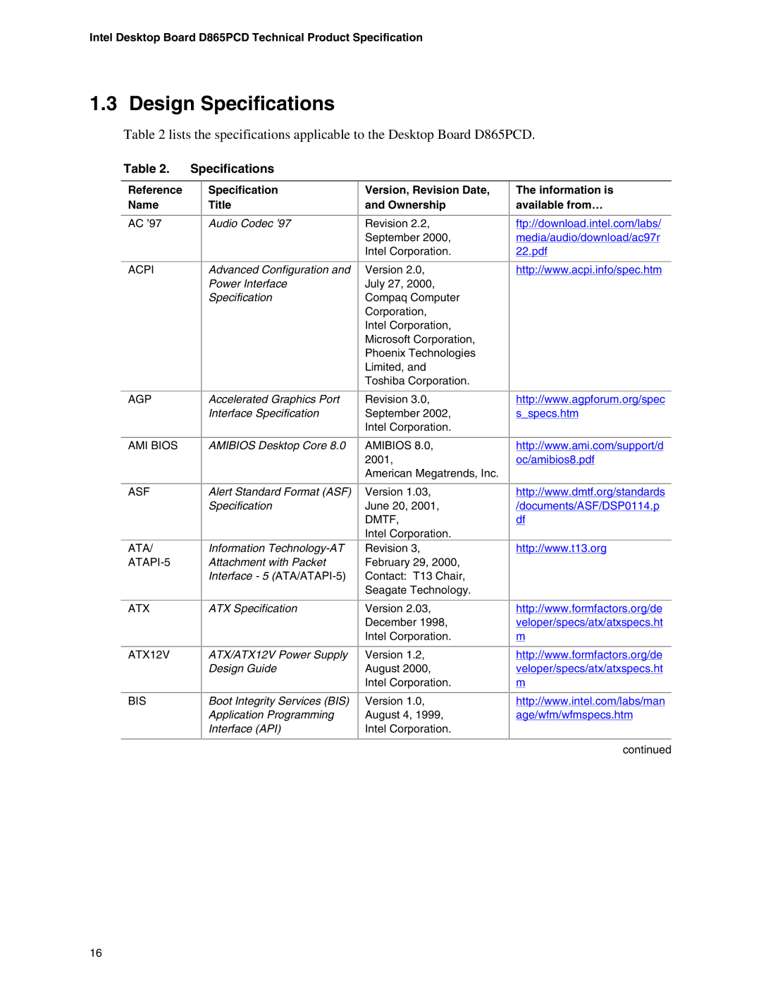 Intel D865PCD Design Specifications, Reference Specification Name Title, Version, Revision Date, and Ownership 