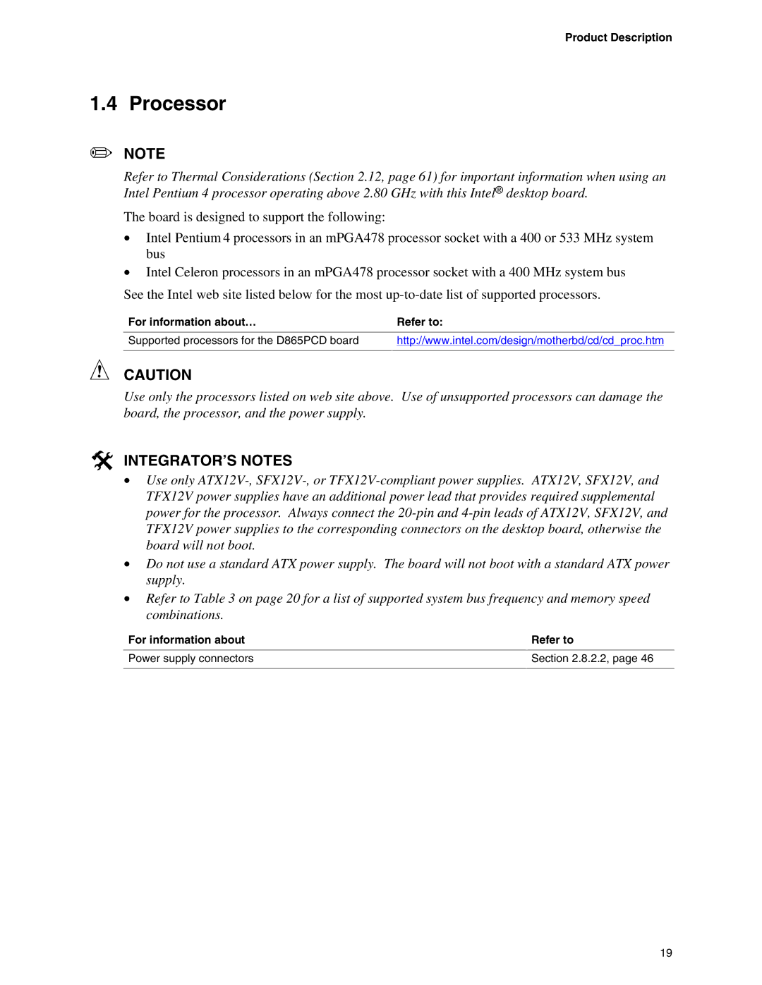 Intel D865PCD specifications Processor, # INTEGRATOR’S Notes 