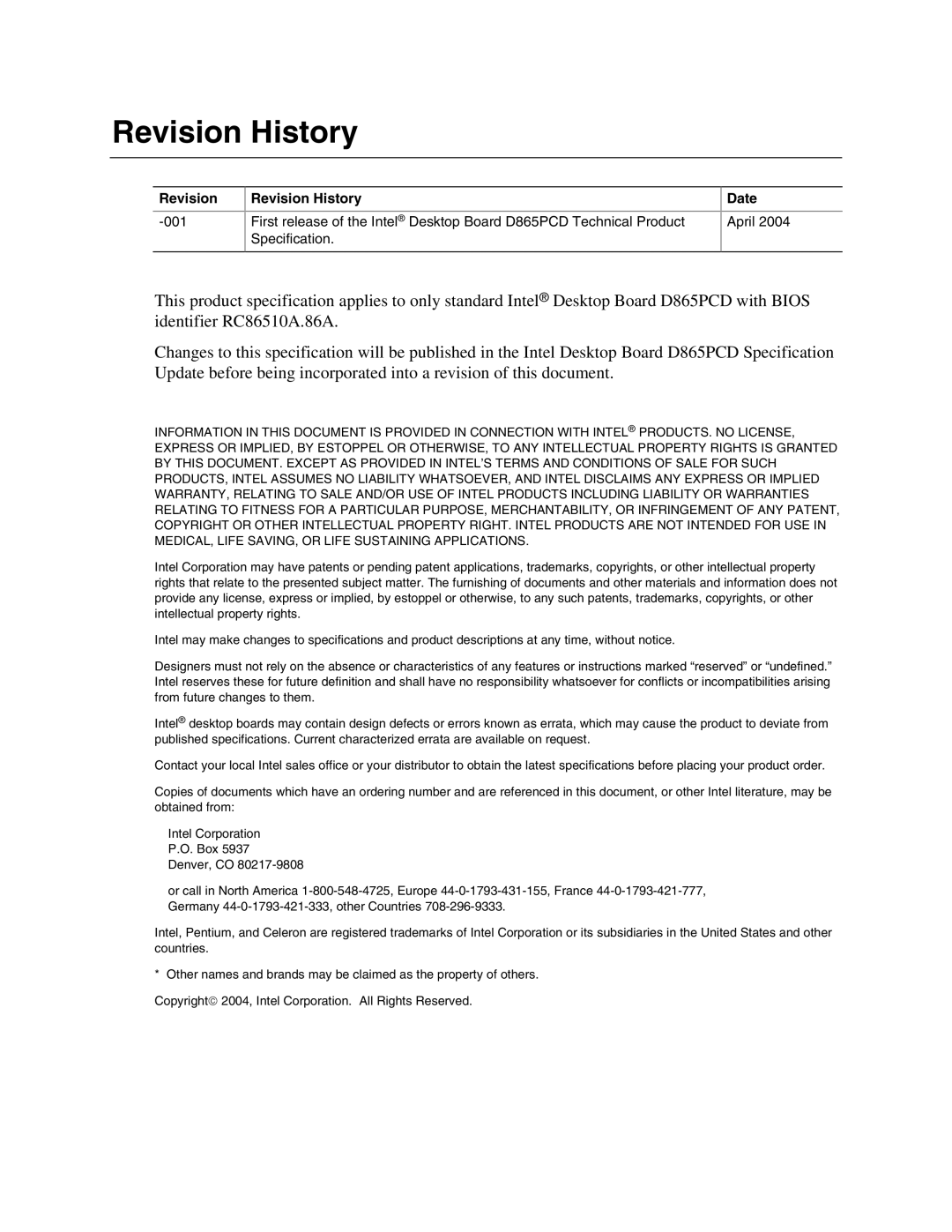 Intel D865PCD specifications Revision History, Date 