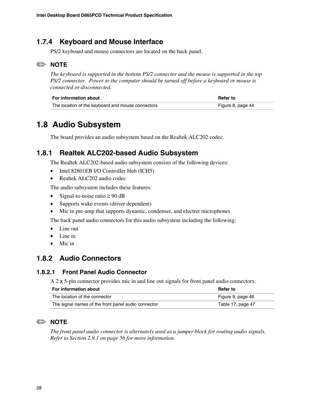 Intel D865PCD specifications Keyboard and Mouse Interface, Realtek ALC202-based Audio Subsystem, Audio Connectors 