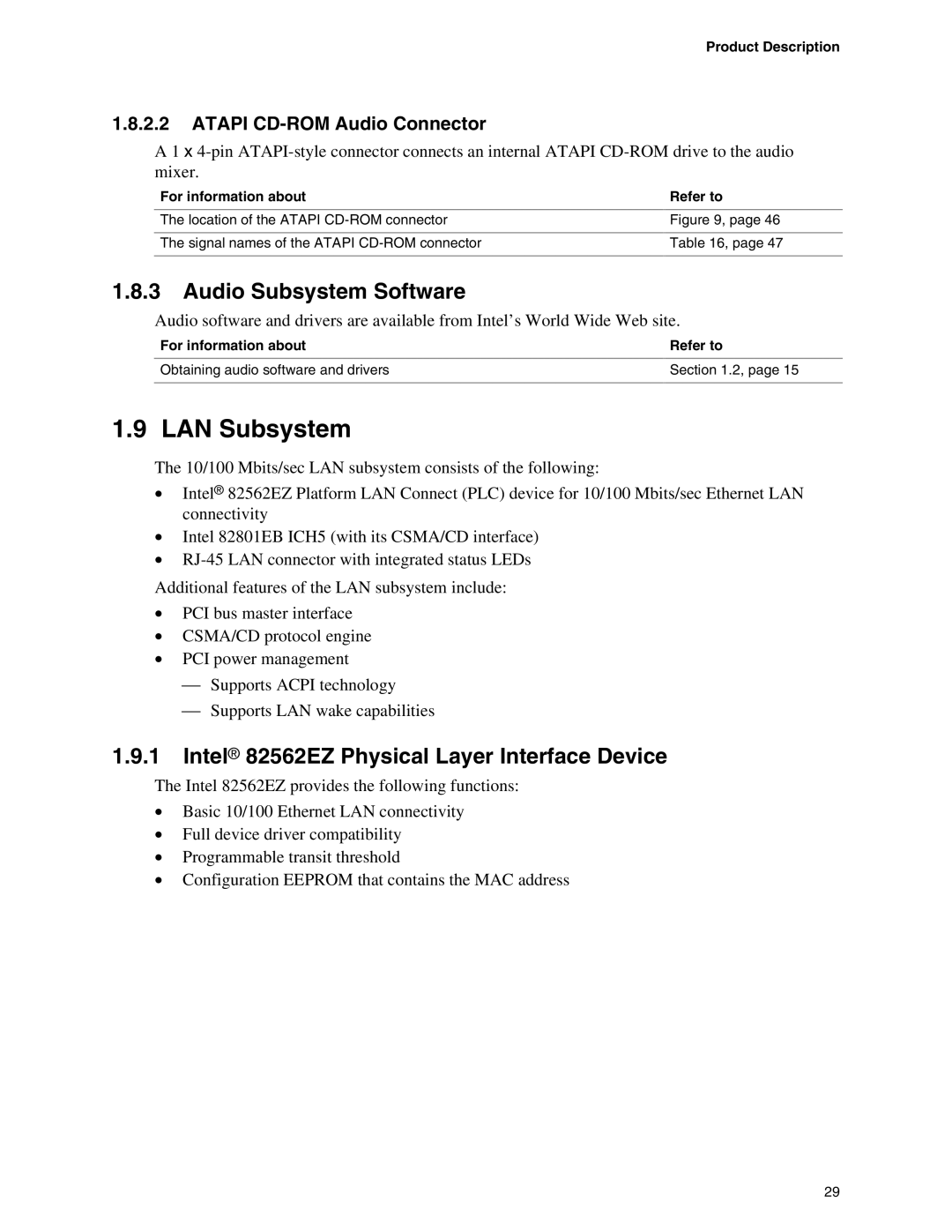 Intel D865PCD specifications LAN Subsystem, Audio Subsystem Software, Intel 82562EZ Physical Layer Interface Device 