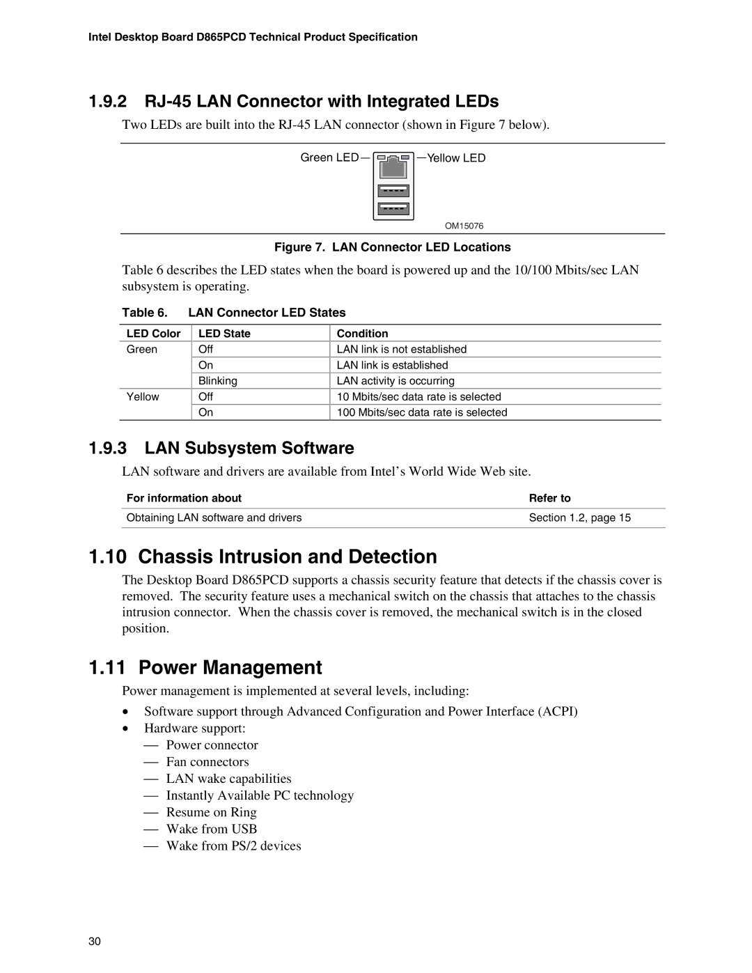 Intel D865PCD specifications Chassis Intrusion and Detection, Power Management, 2 RJ-45 LAN Connector with Integrated LEDs 