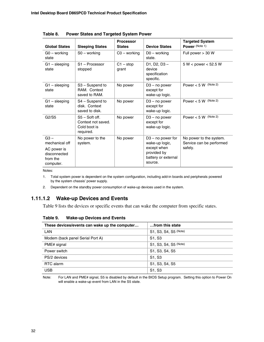 Intel D865PCD specifications Wake-up Devices and Events, Power States and Targeted System Power 