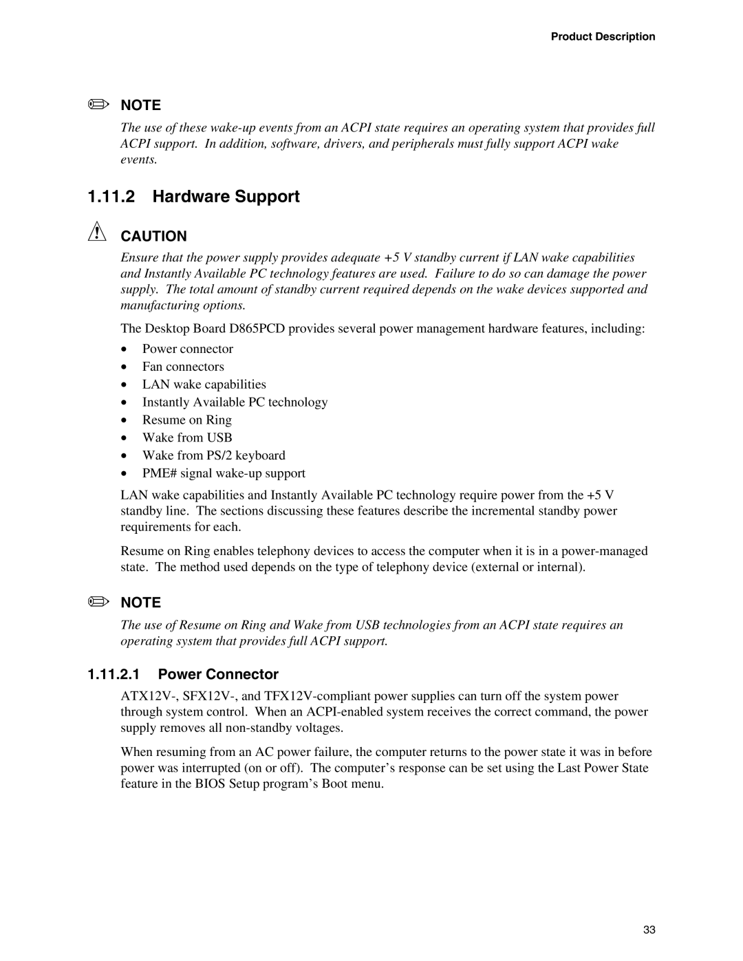 Intel D865PCD specifications Hardware Support, Power Connector 