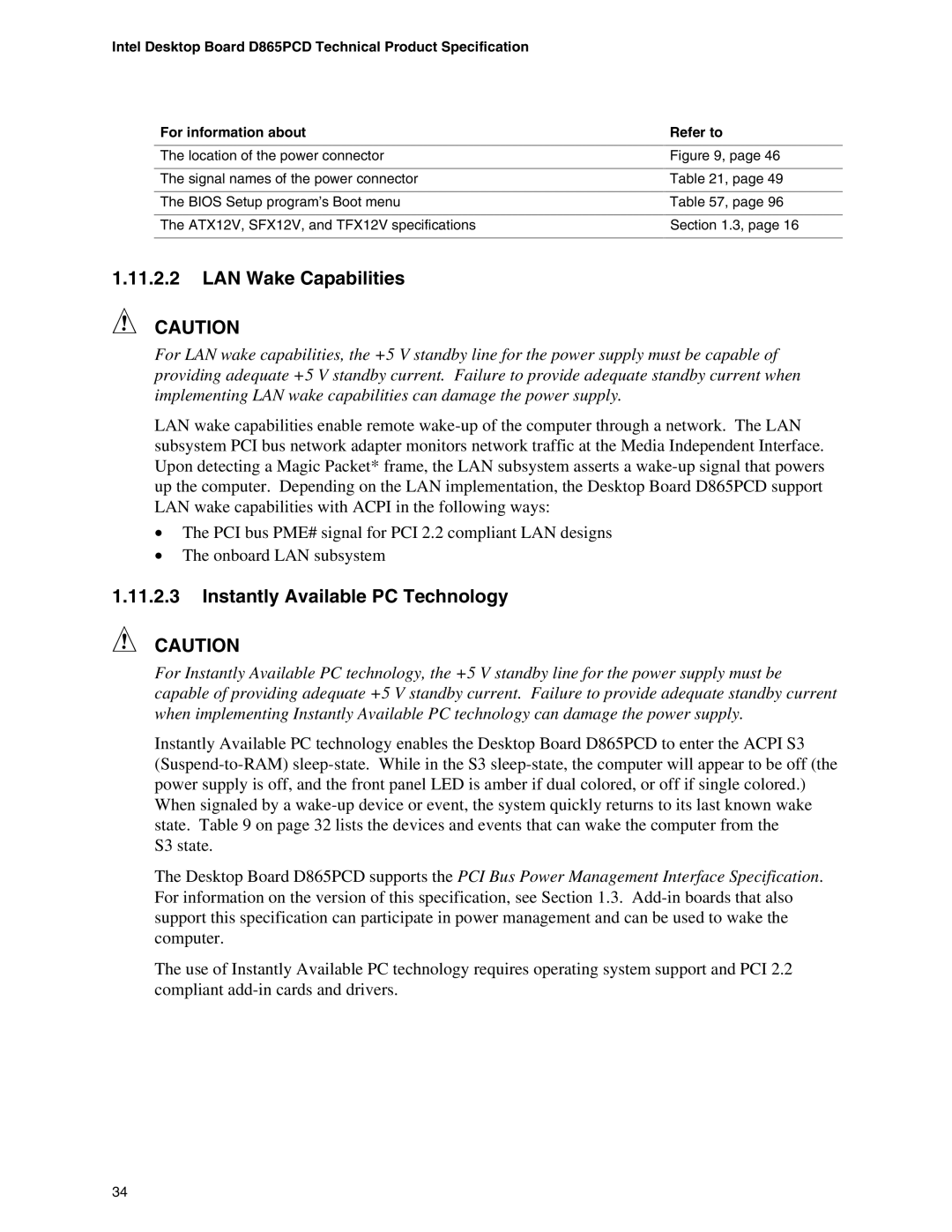 Intel D865PCD specifications LAN Wake Capabilities, Instantly Available PC Technology 