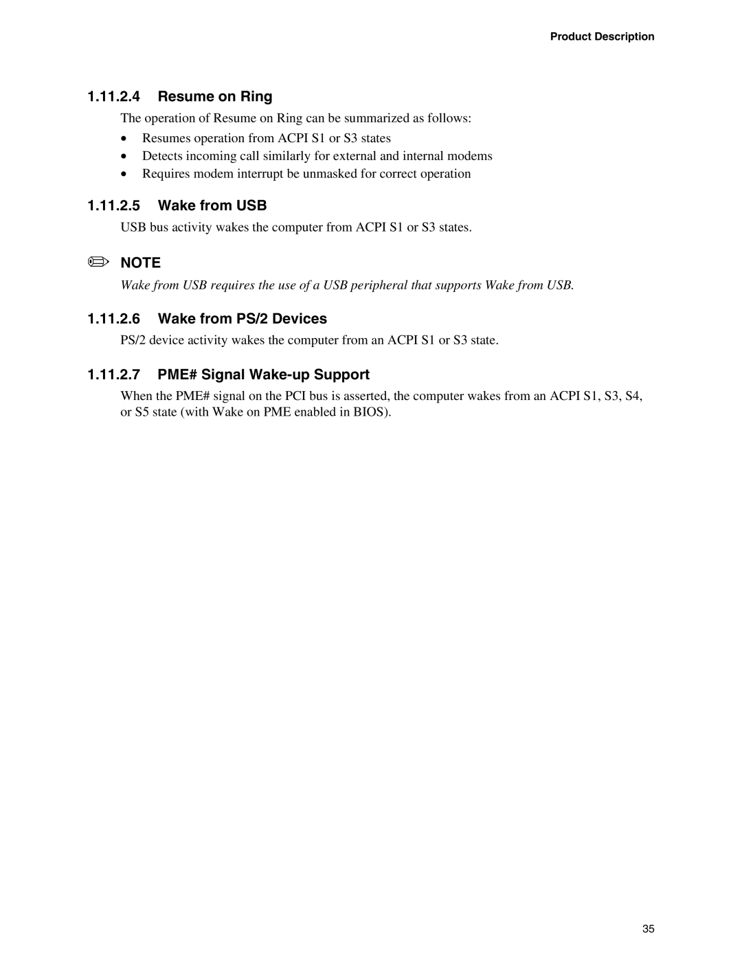 Intel D865PCD specifications Resume on Ring, Wake from USB, Wake from PS/2 Devices, 11.2.7 PME# Signal Wake-up Support 