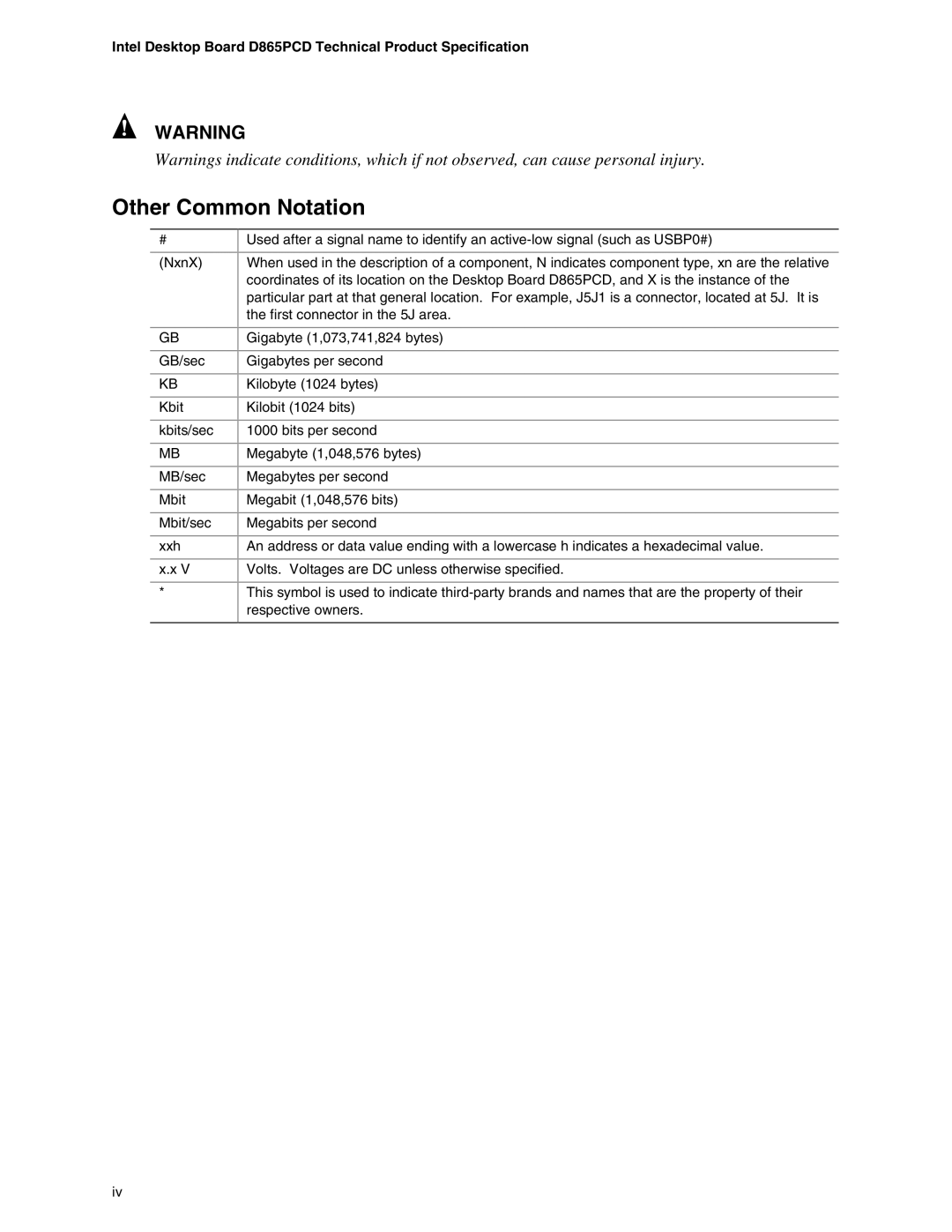 Intel specifications Other Common Notation, Intel Desktop Board D865PCD Technical Product Specification 