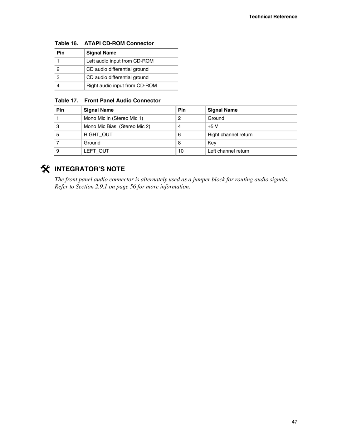 Intel D865PCD Atapi CD-ROM Connector, Front Panel Audio Connector, Technical Reference Pin, Pin Signal Name 