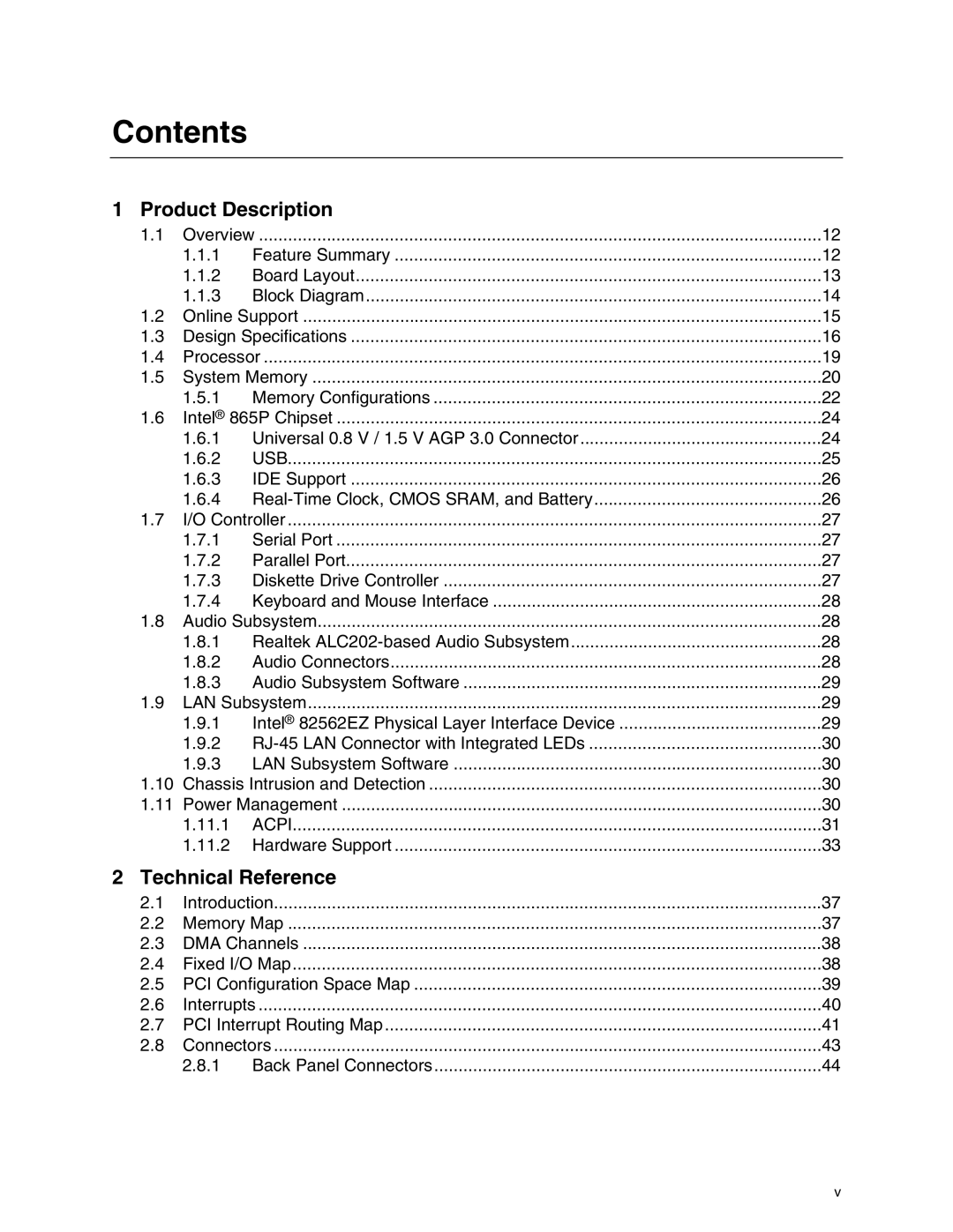 Intel D865PCD specifications Contents 