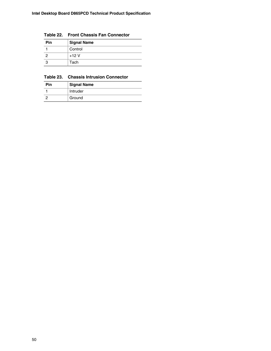Intel D865PCD specifications Front Chassis Fan Connector, Chassis Intrusion Connector 