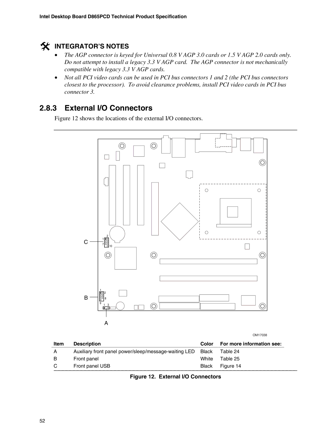 Intel D865PCD specifications External I/O Connectors, Description Color For more information see 