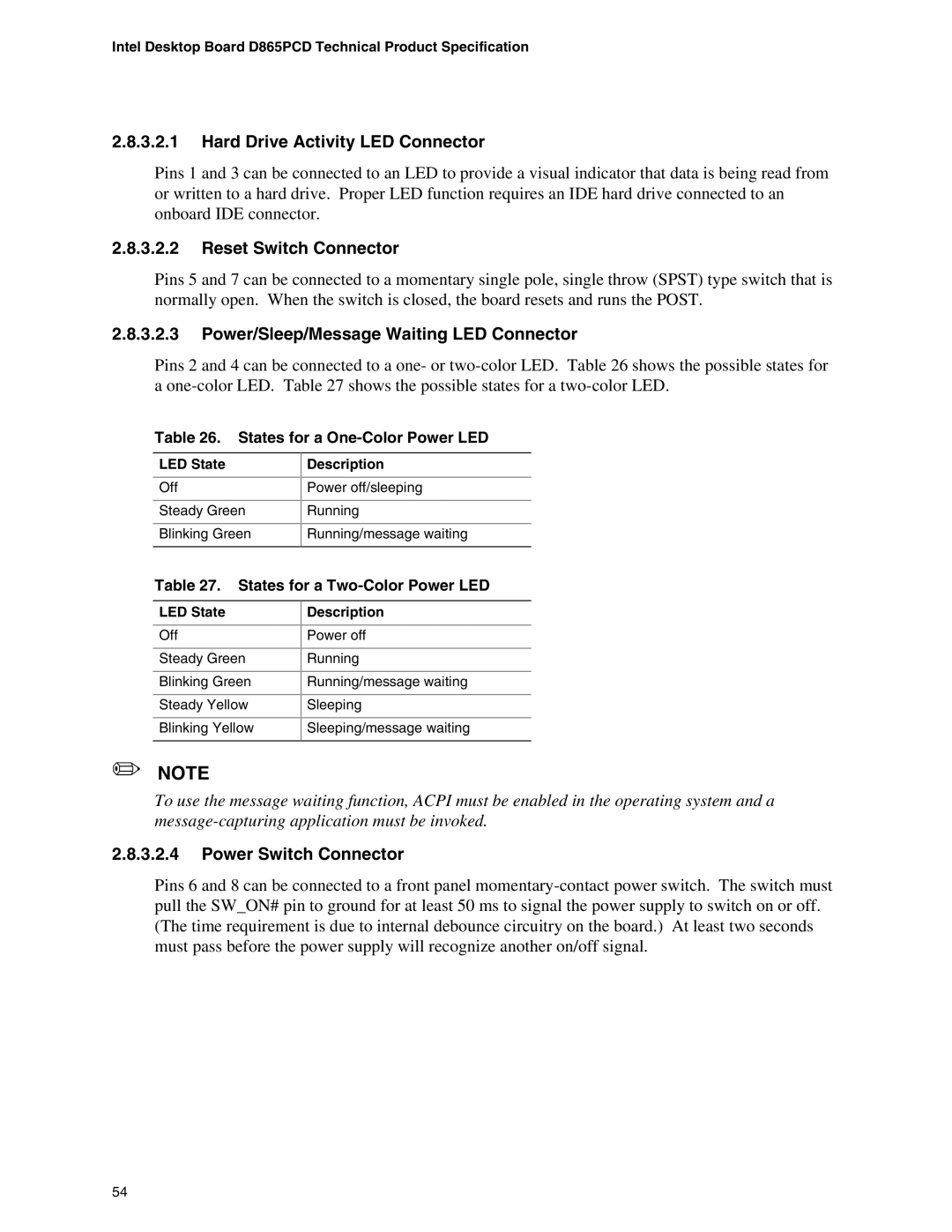 Intel D865PCD specifications States for a One-Color Power LED, States for a Two-Color Power LED 