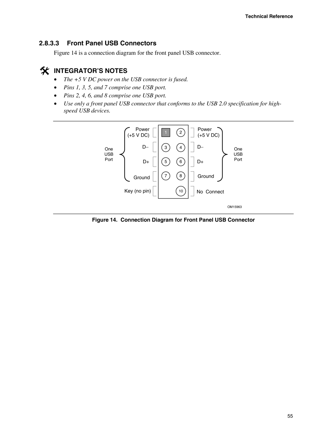 Intel D865PCD Is a connection diagram for the front panel USB connector, Connection Diagram for Front Panel USB Connector 