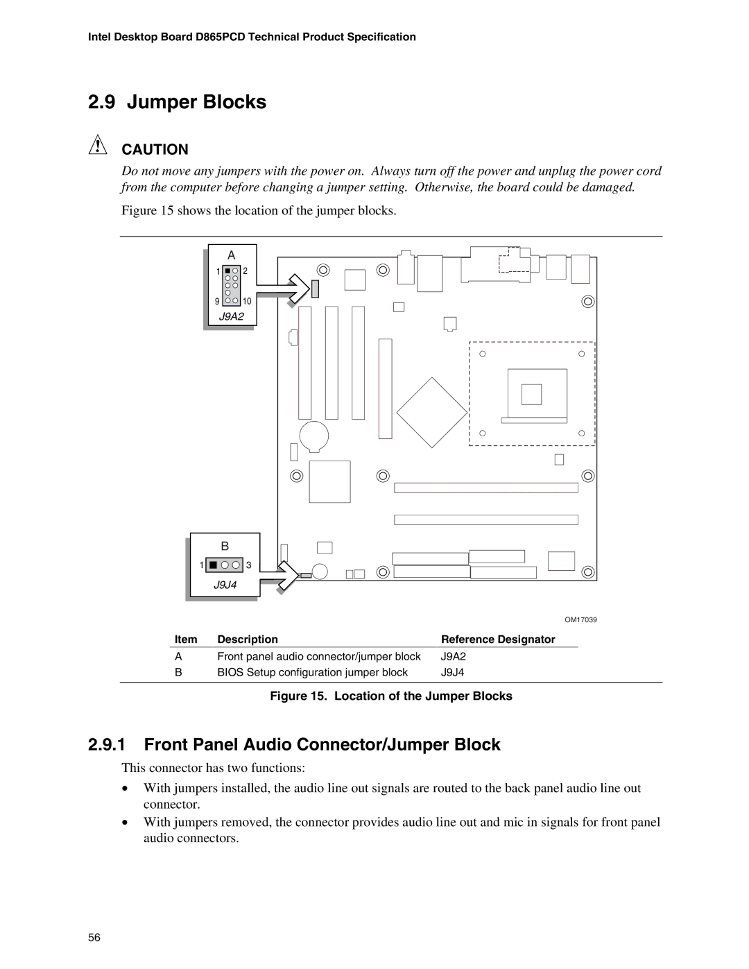 Intel D865PCD specifications Jumper Blocks, Front Panel Audio Connector/Jumper Block 