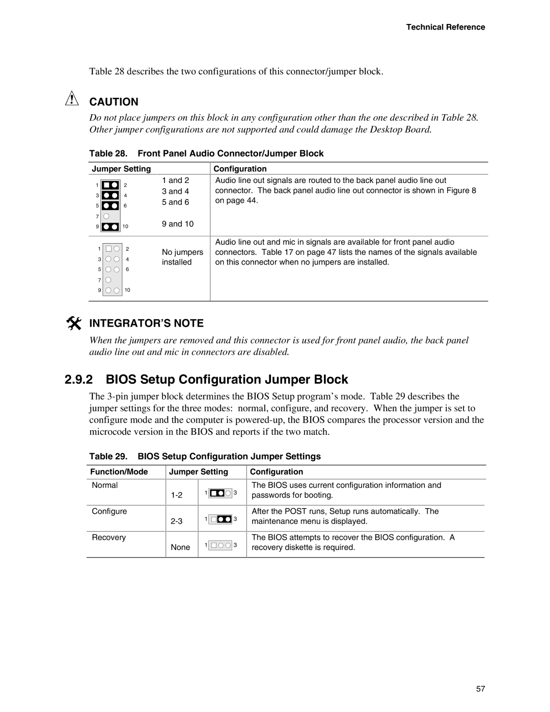 Intel D865PCD Bios Setup Configuration Jumper Block, Front Panel Audio Connector/Jumper Block, Jumper Setting 