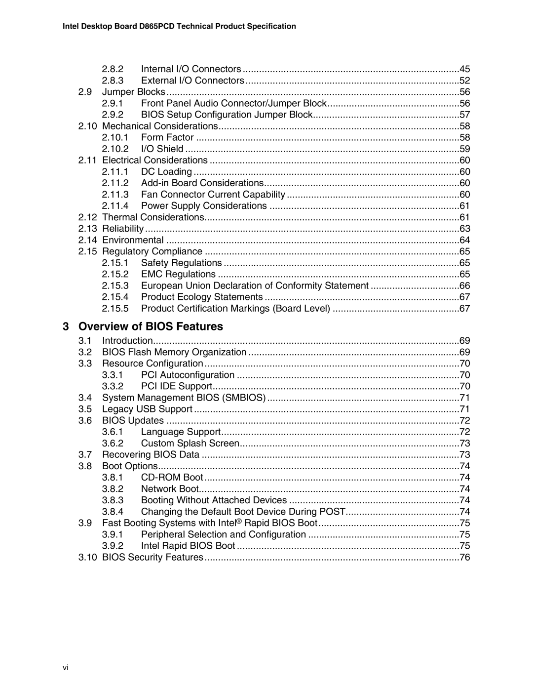 Intel D865PCD specifications Overview of Bios Features 