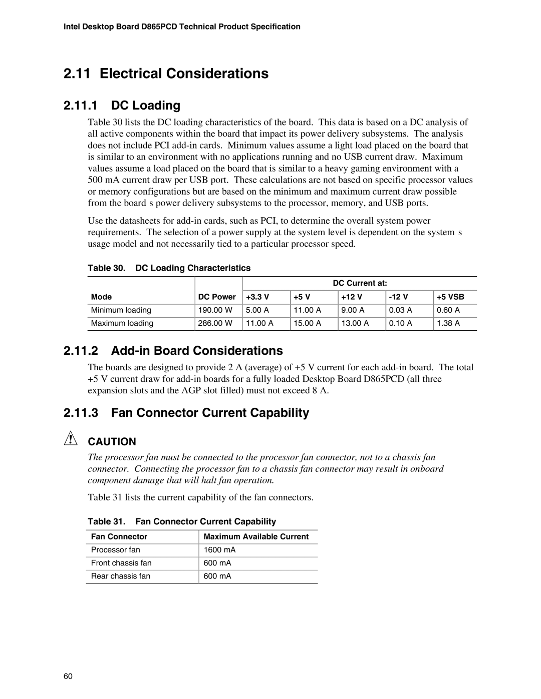 Intel D865PCD Electrical Considerations, DC Loading, Add-in Board Considerations, Fan Connector Current Capability 