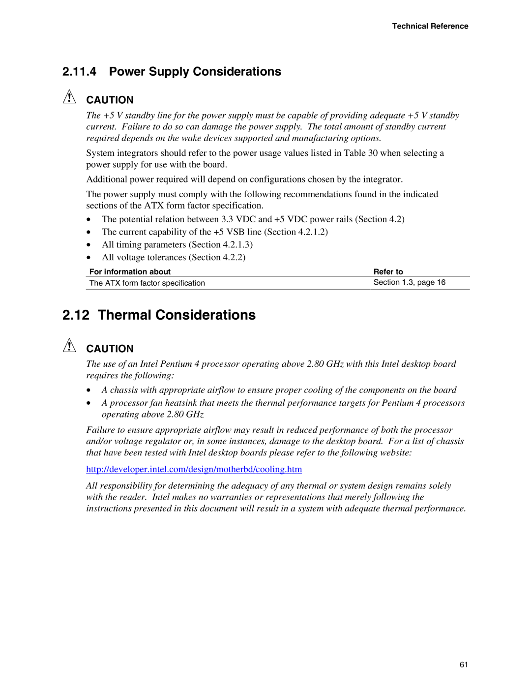 Intel D865PCD specifications Thermal Considerations, Power Supply Considerations 