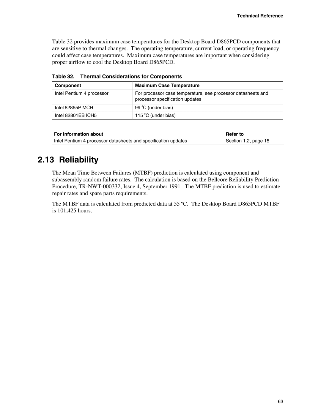 Intel D865PCD specifications Reliability, Thermal Considerations for Components, Maximum Case Temperature 