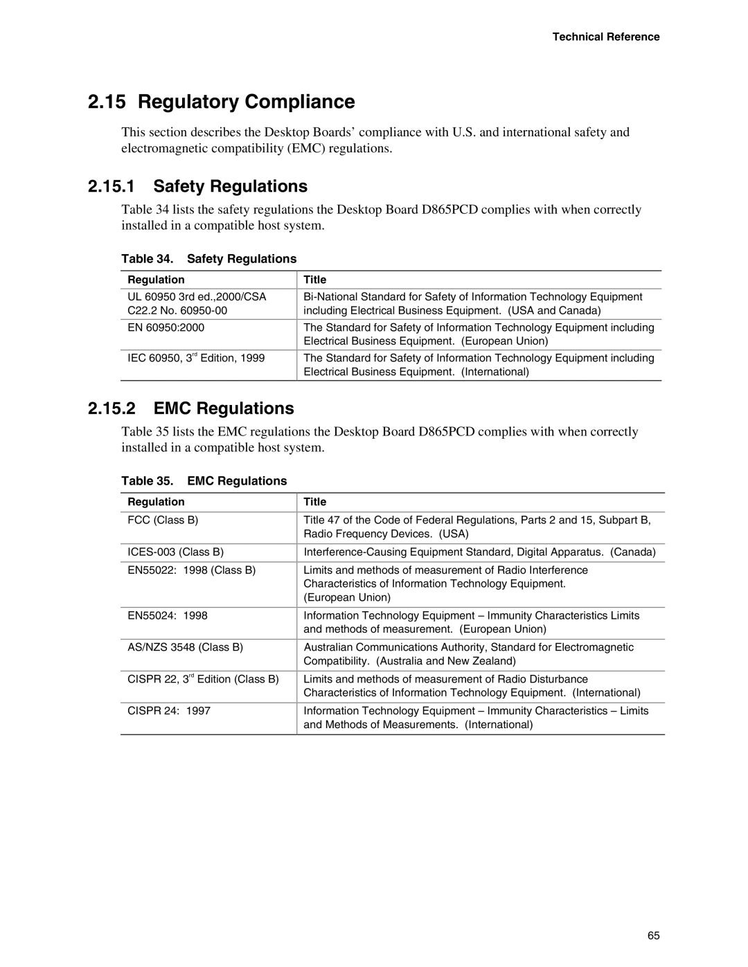 Intel D865PCD specifications Regulatory Compliance, Safety Regulations, EMC Regulations 