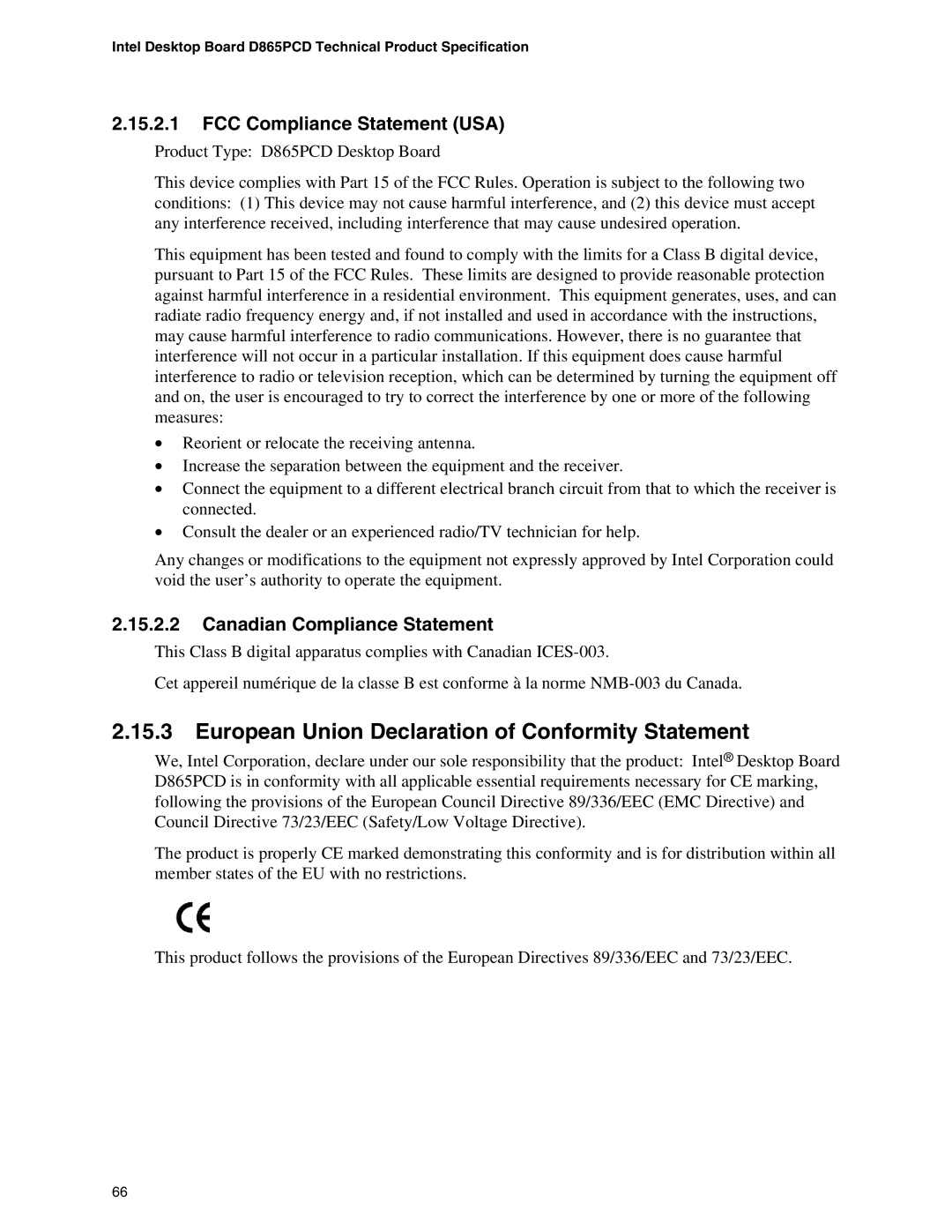 Intel D865PCD specifications European Union Declaration of Conformity Statement, FCC Compliance Statement USA 