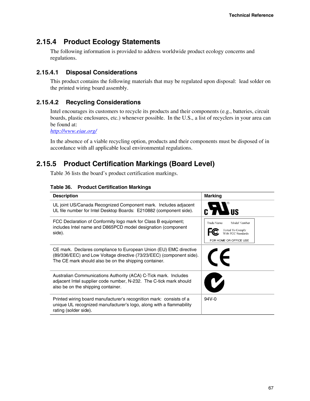 Intel D865PCD Product Ecology Statements, Product Certification Markings Board Level, Disposal Considerations 