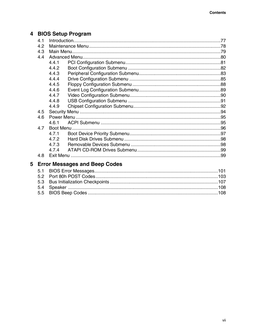 Intel D865PCD specifications Bios Setup Program, Contents 