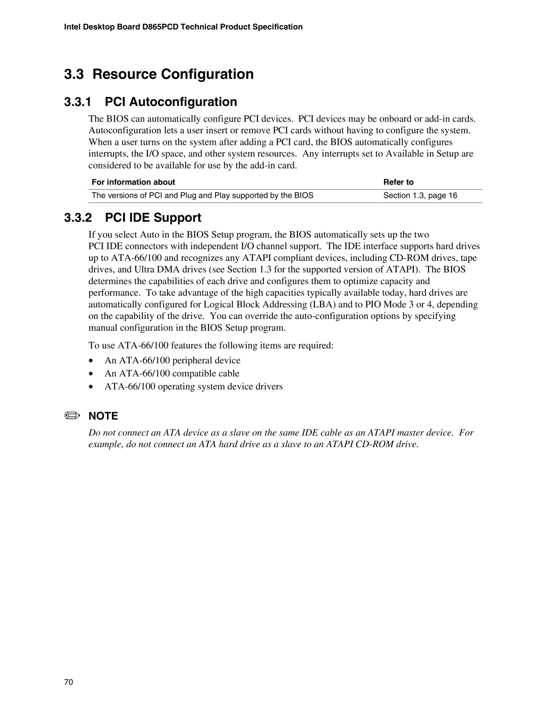 Intel D865PCD specifications Resource Configuration, PCI Autoconfiguration, PCI IDE Support 