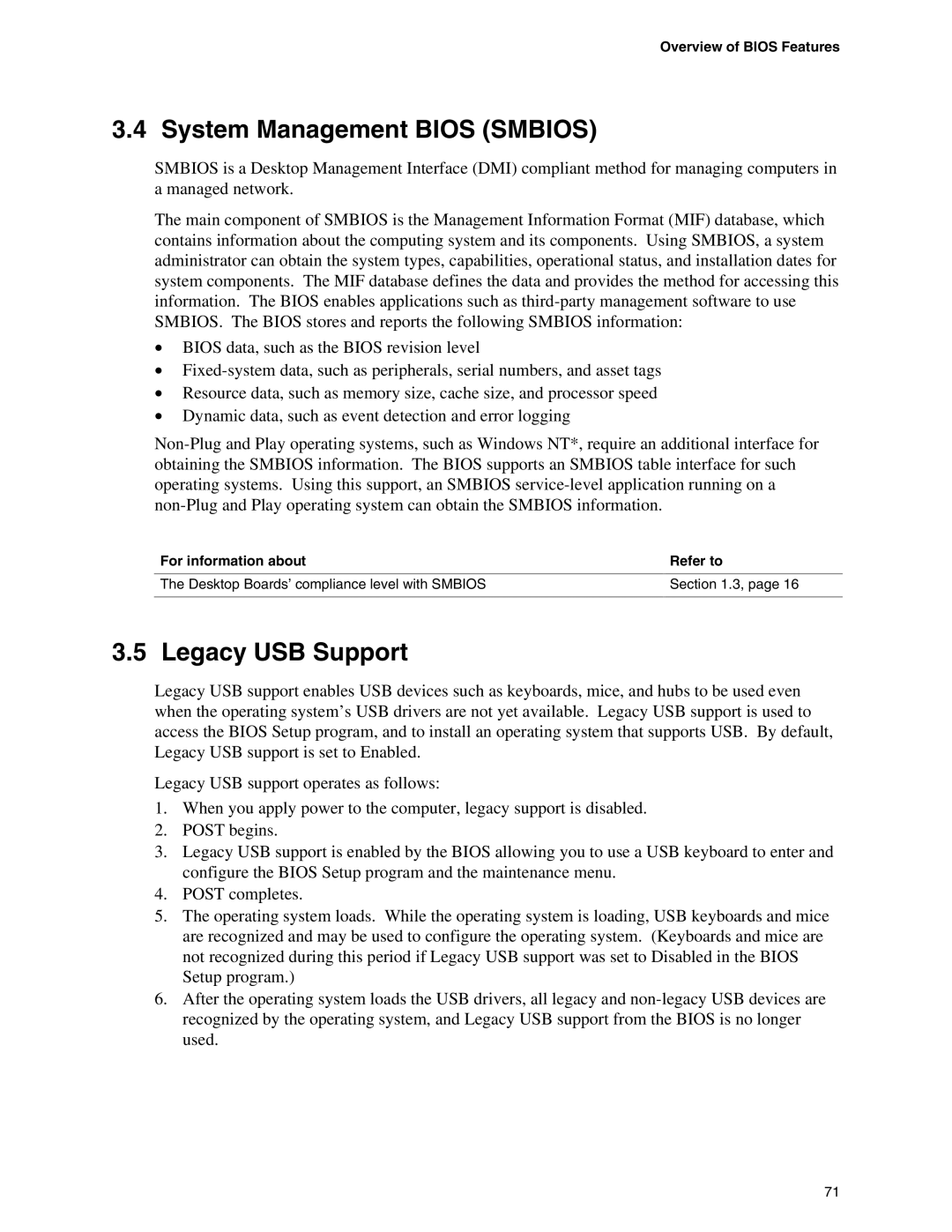 Intel D865PCD specifications System Management Bios Smbios, Legacy USB Support, Overview of Bios Features 