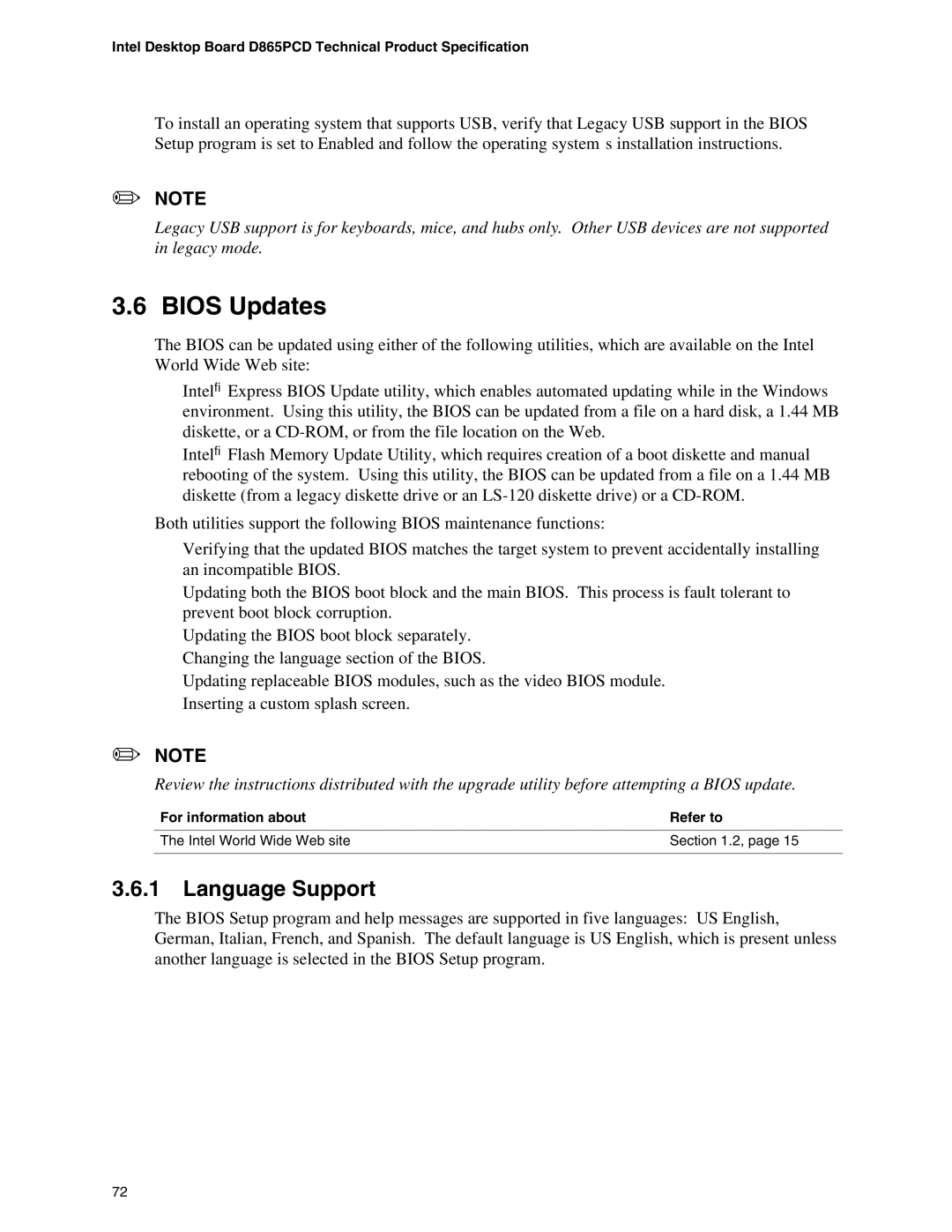 Intel D865PCD specifications Bios Updates, Language Support 