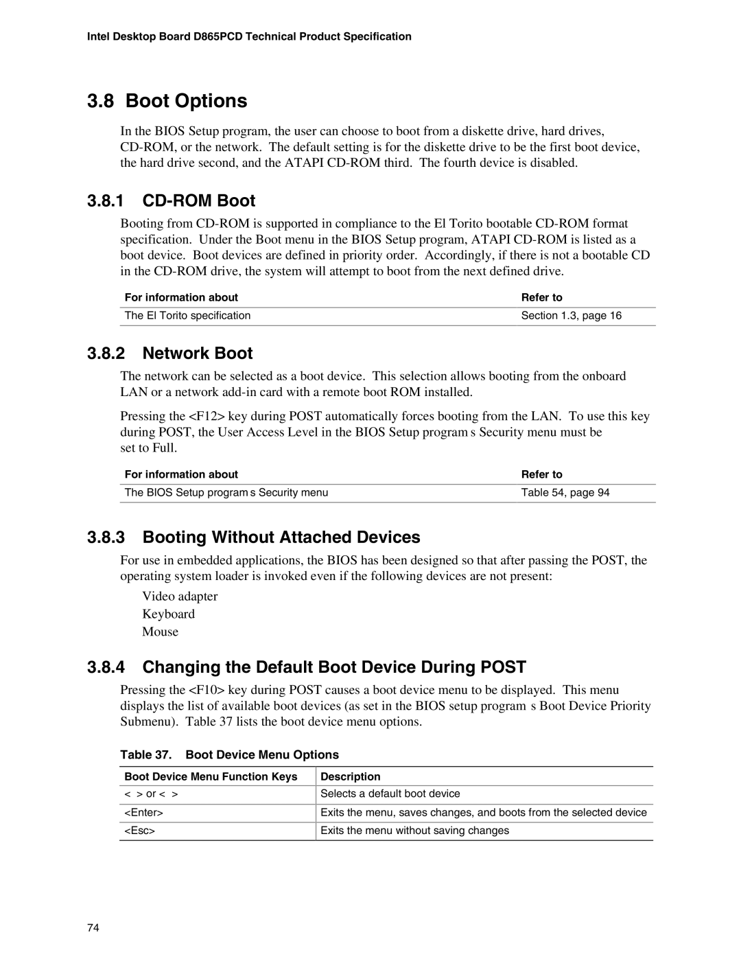 Intel D865PCD specifications Boot Options, CD-ROM Boot, Network Boot, Booting Without Attached Devices 