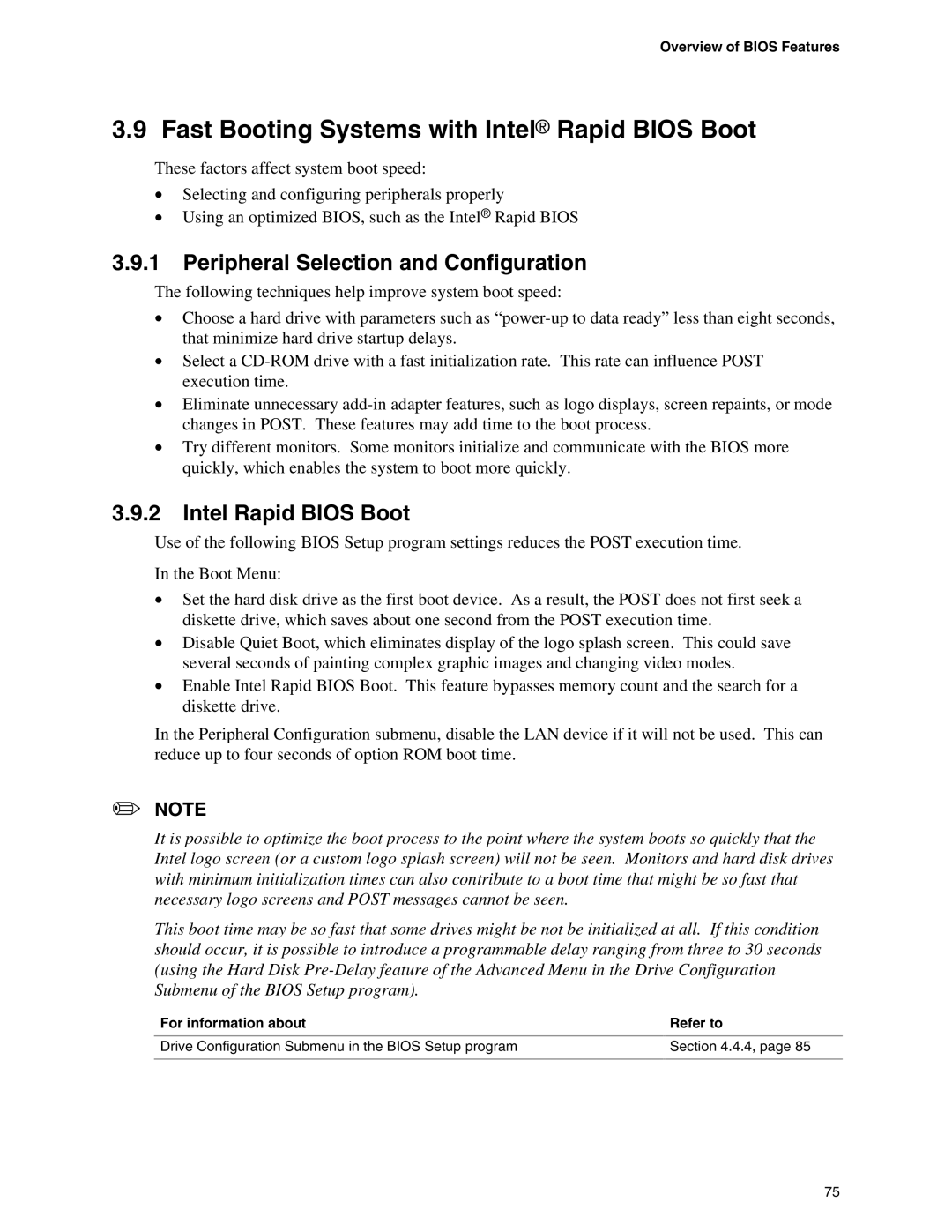 Intel D865PCD specifications Fast Booting Systems with Intel Rapid Bios Boot, Peripheral Selection and Configuration 