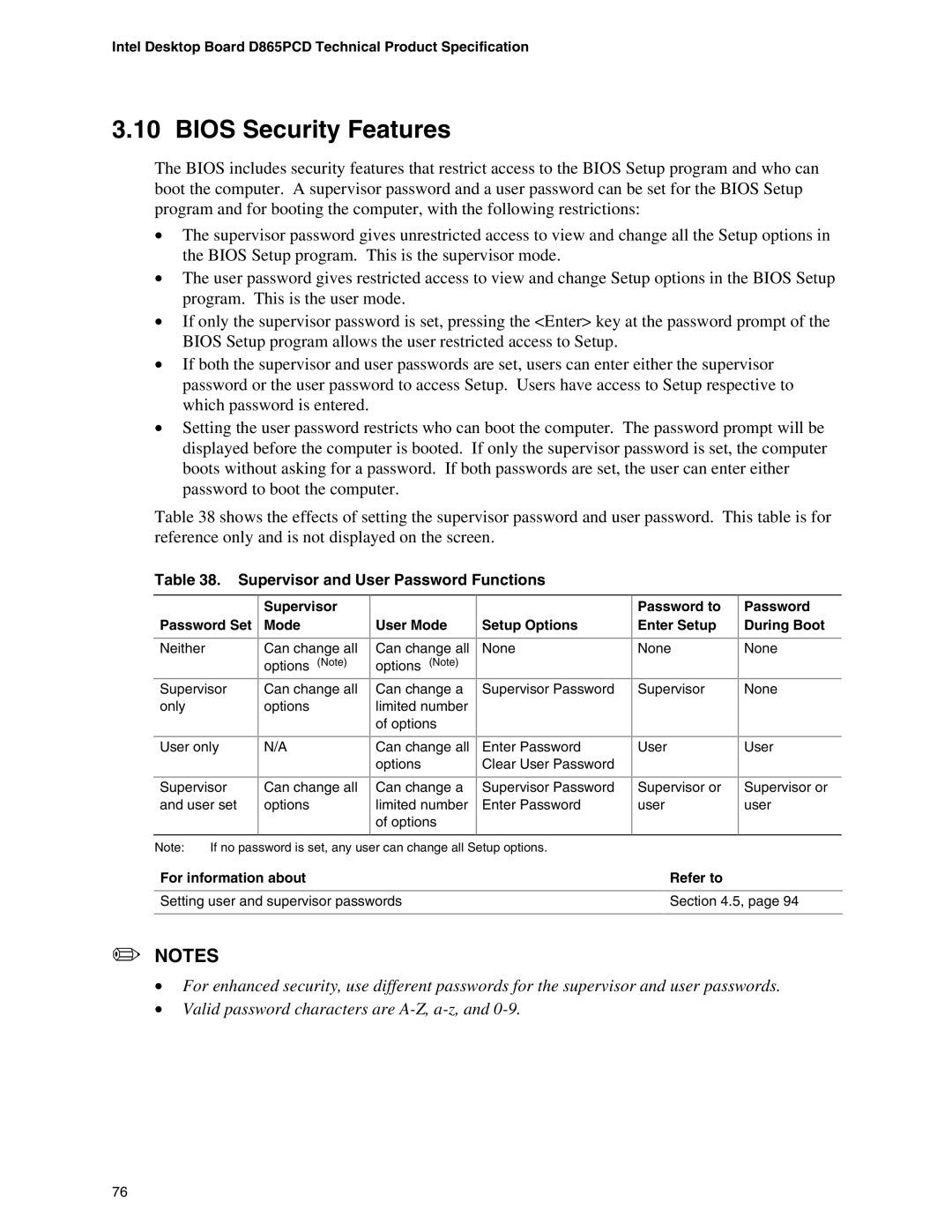 Intel D865PCD specifications Bios Security Features, Supervisor and User Password Functions 